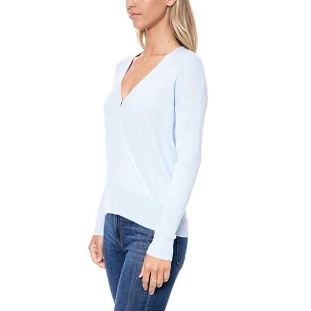 Elodie Faux Wrap Surplice Sweater Ribbed V Neck Knit Top Light Blue SZ M New - Picture 2 of 3